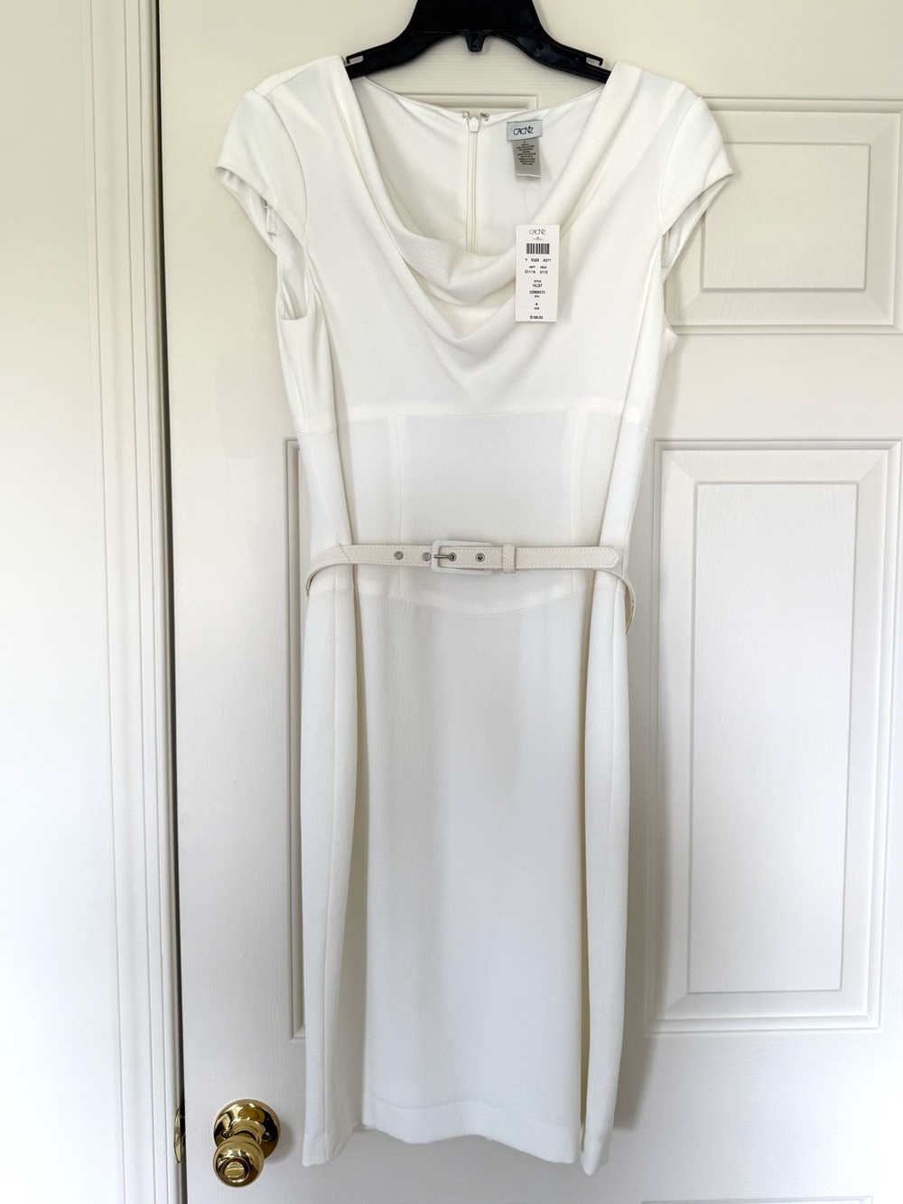 Cache White Cowl Neck Midi Dress with Belt